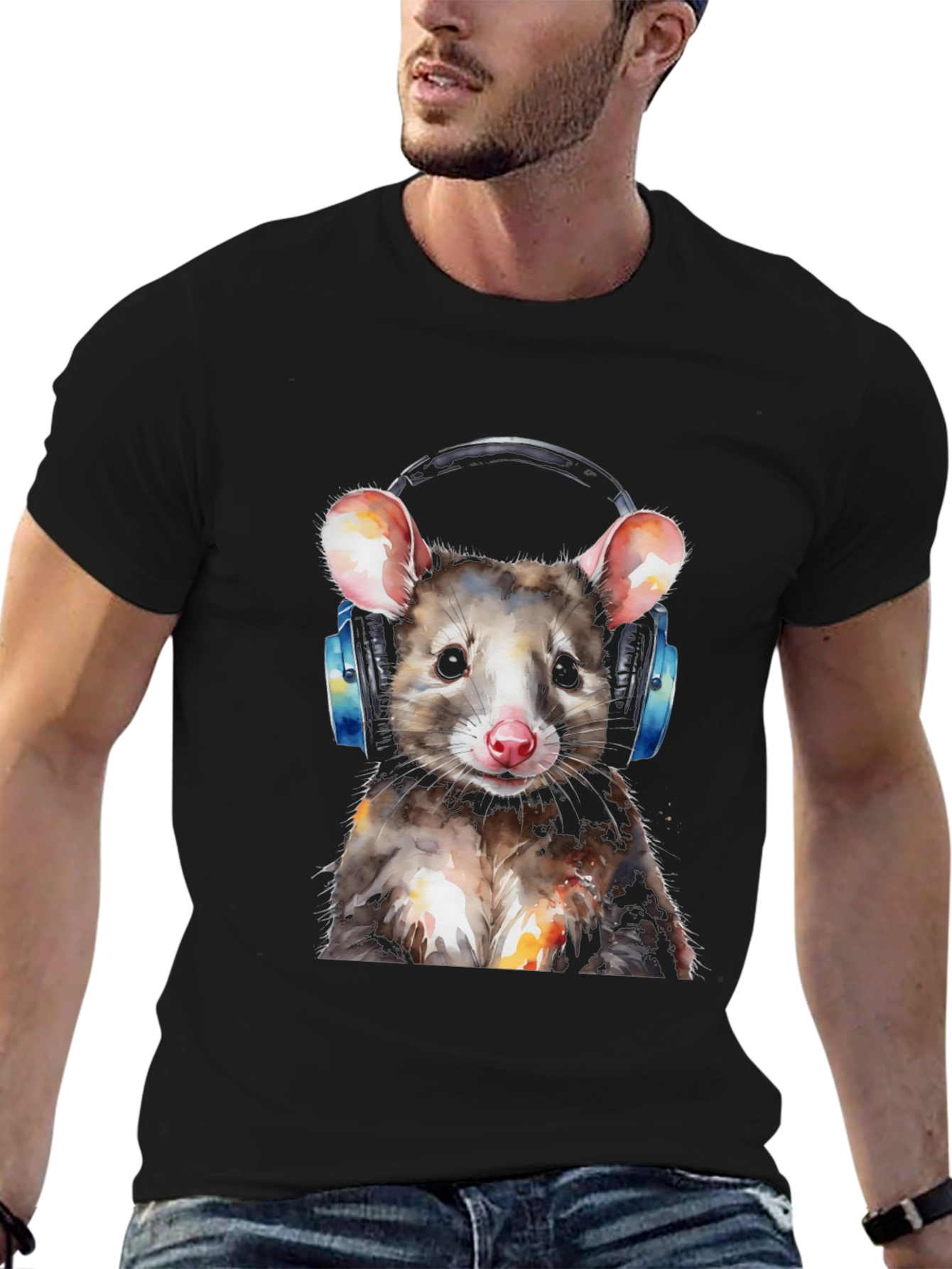 Black Cool Opossum T-Shirt with Headphones - Unique Graphic Tee view 6