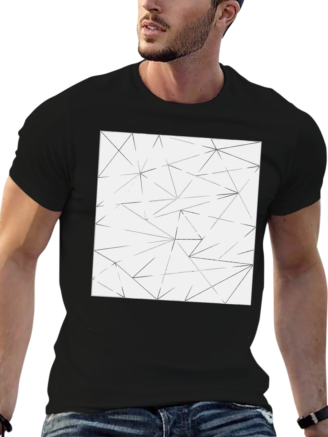 Black Geometric Line Pattern Tee - Modern Black T-Shirt view 6