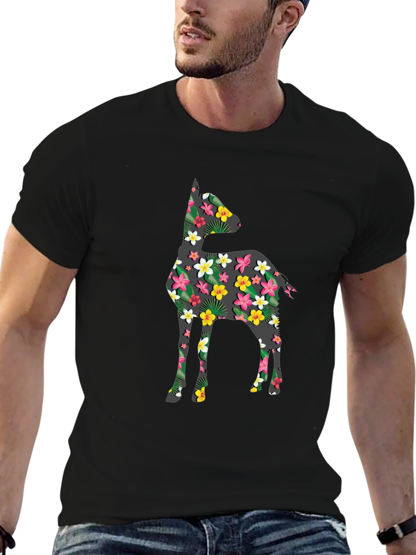 Black Floral Deer Print Black T-Shirt view 6