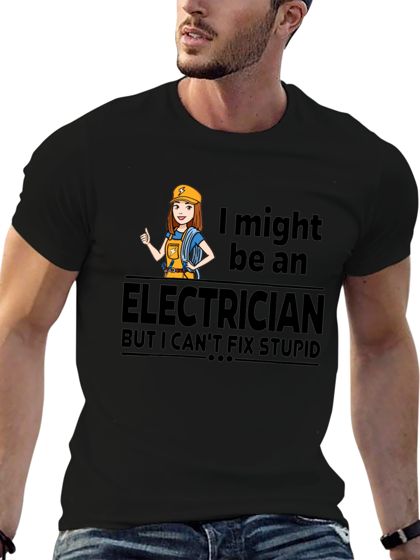 Black Electrician Humor T-Shirt - I Can't Fix Stupid view 6