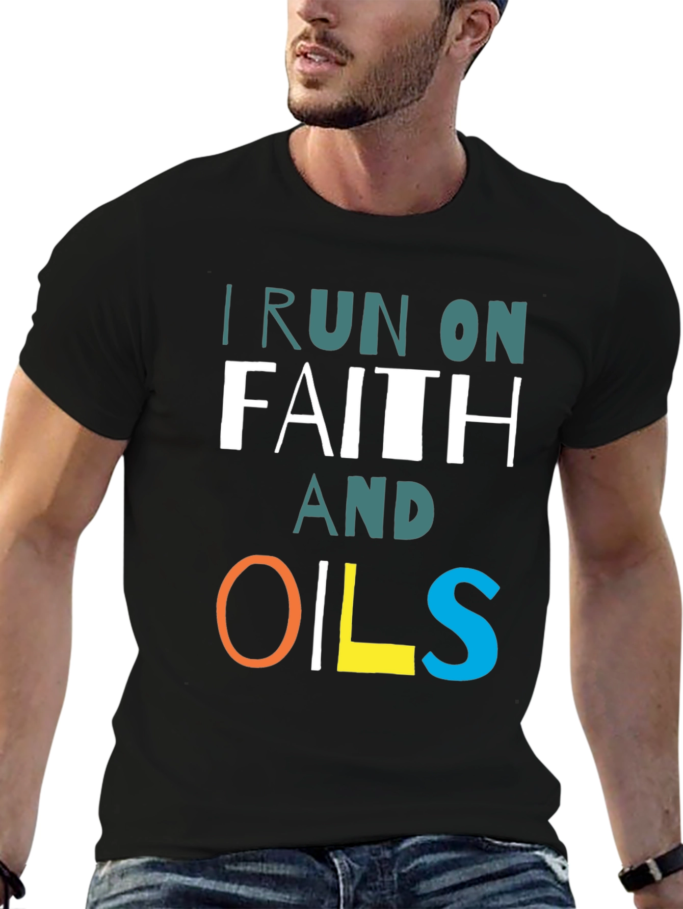 Black I Run on Faith and Oils T-Shirt view 6