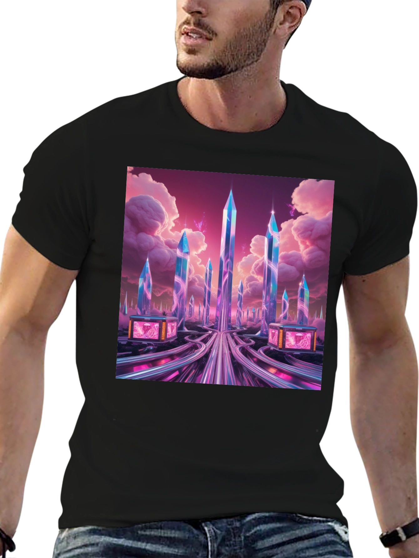 Black Futuristic Cityscape Graphic Tee view 6