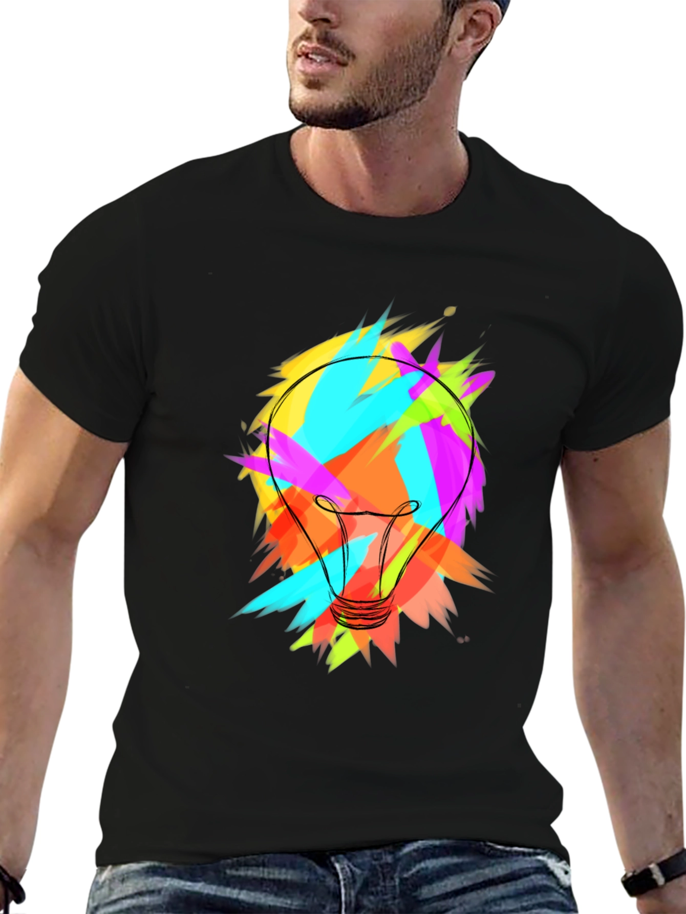 Black Colorful Lightbulb Graphic Tee - Soft Cotton Blend view 6