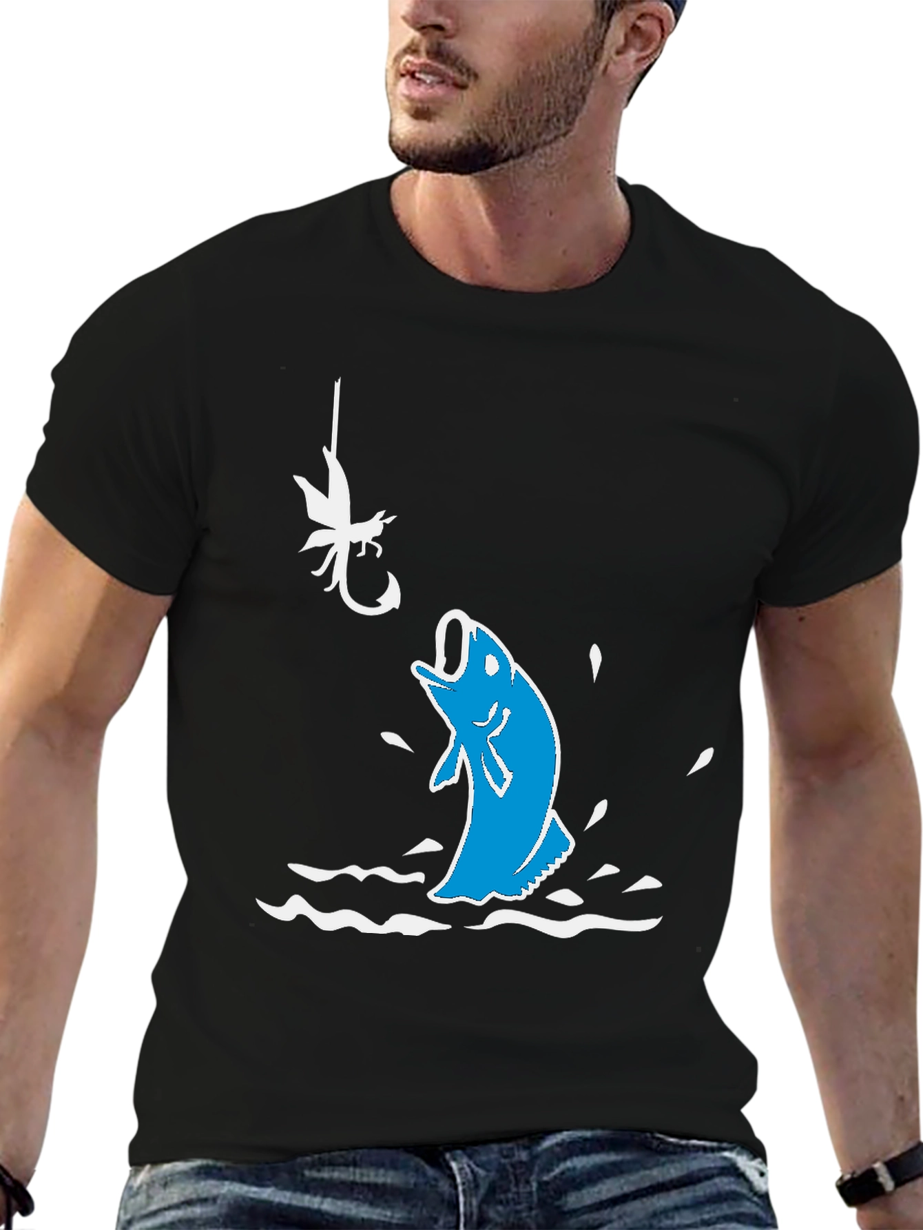 Black Fishing Hook T-Shirt: Jumping Bass Design view 6