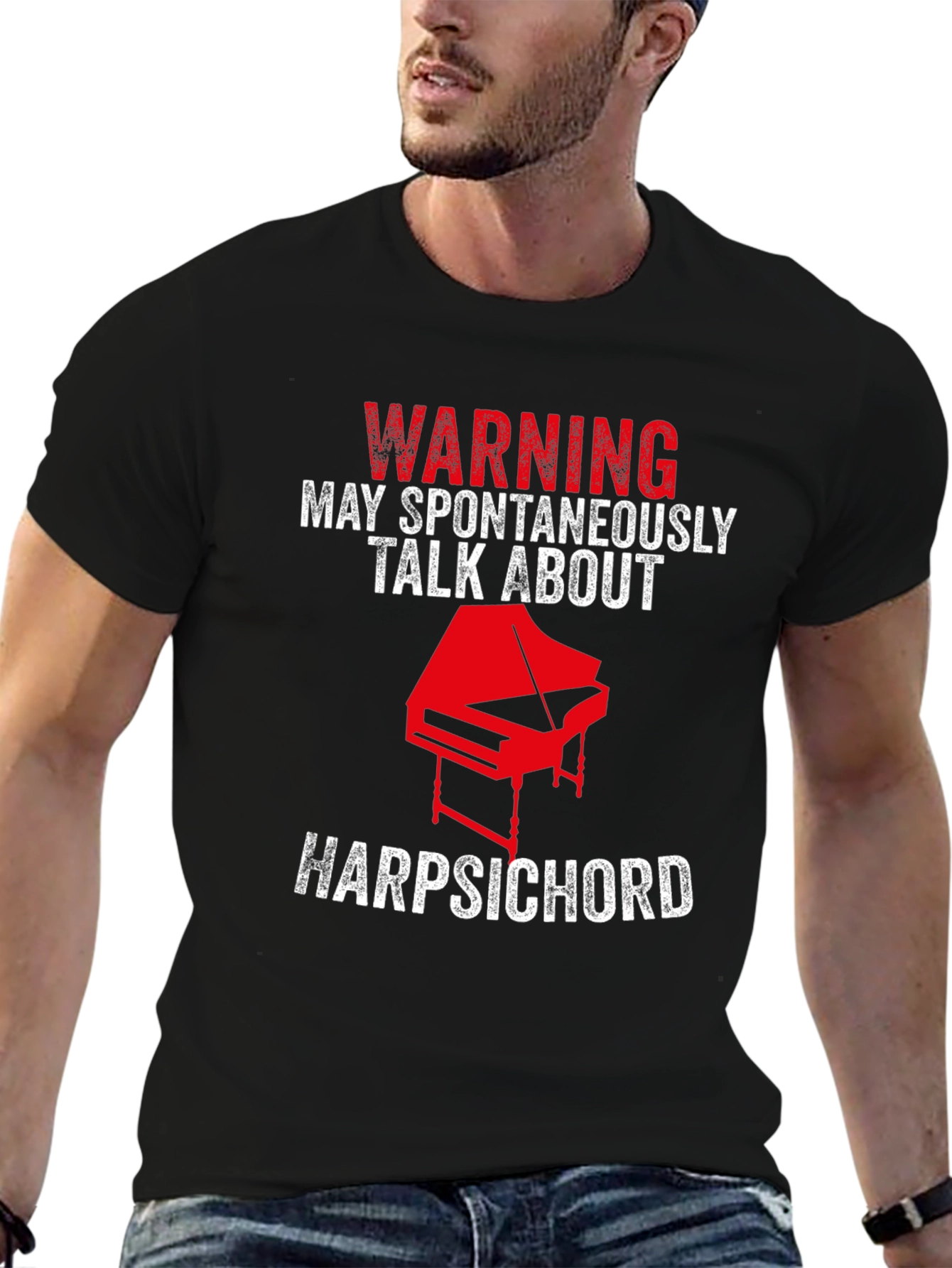 Black Warning: May Spontaneously Talk About Harpsichord T-Shirt view 6