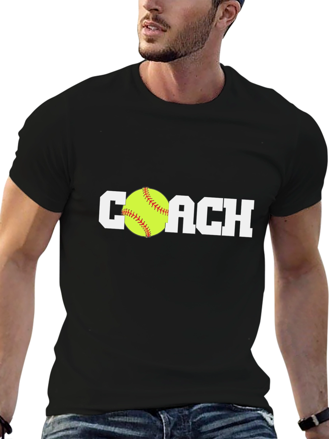 Black Softball Coach T-Shirt - Black Cotton Tee view 6