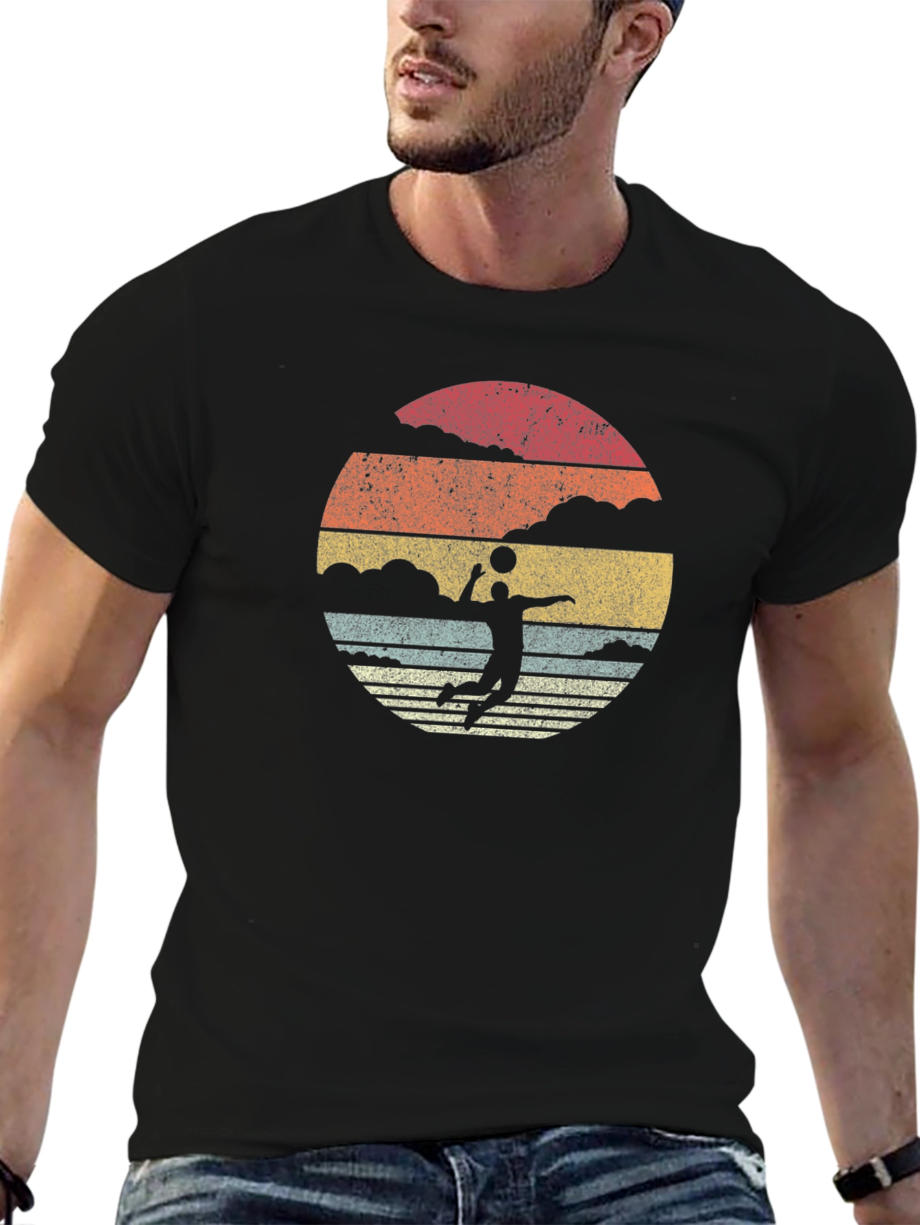Black Retro Volleyball Sunset Graphic T-Shirt view 6