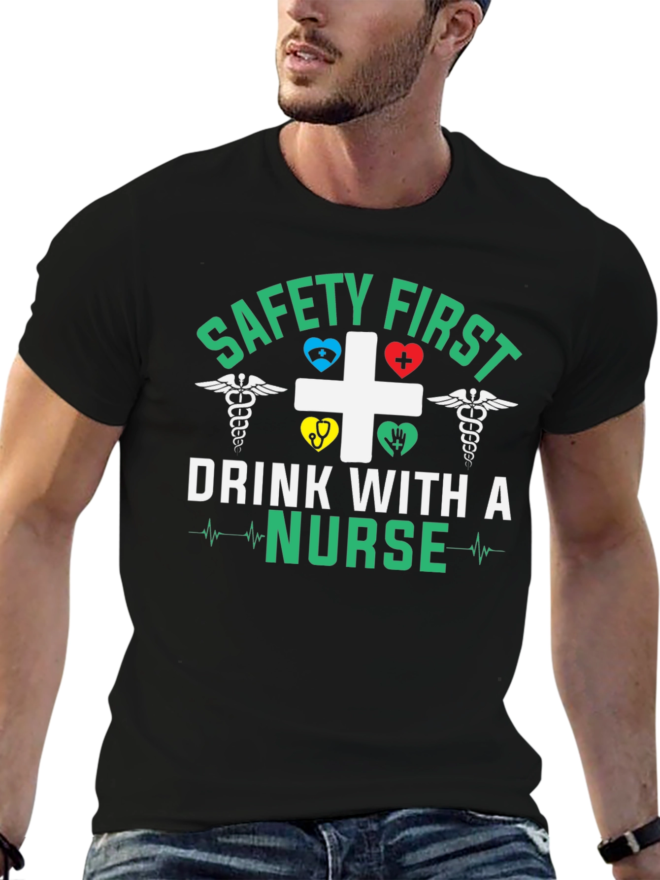 Black Safety First Drink With a Nurse T-Shirt view 6