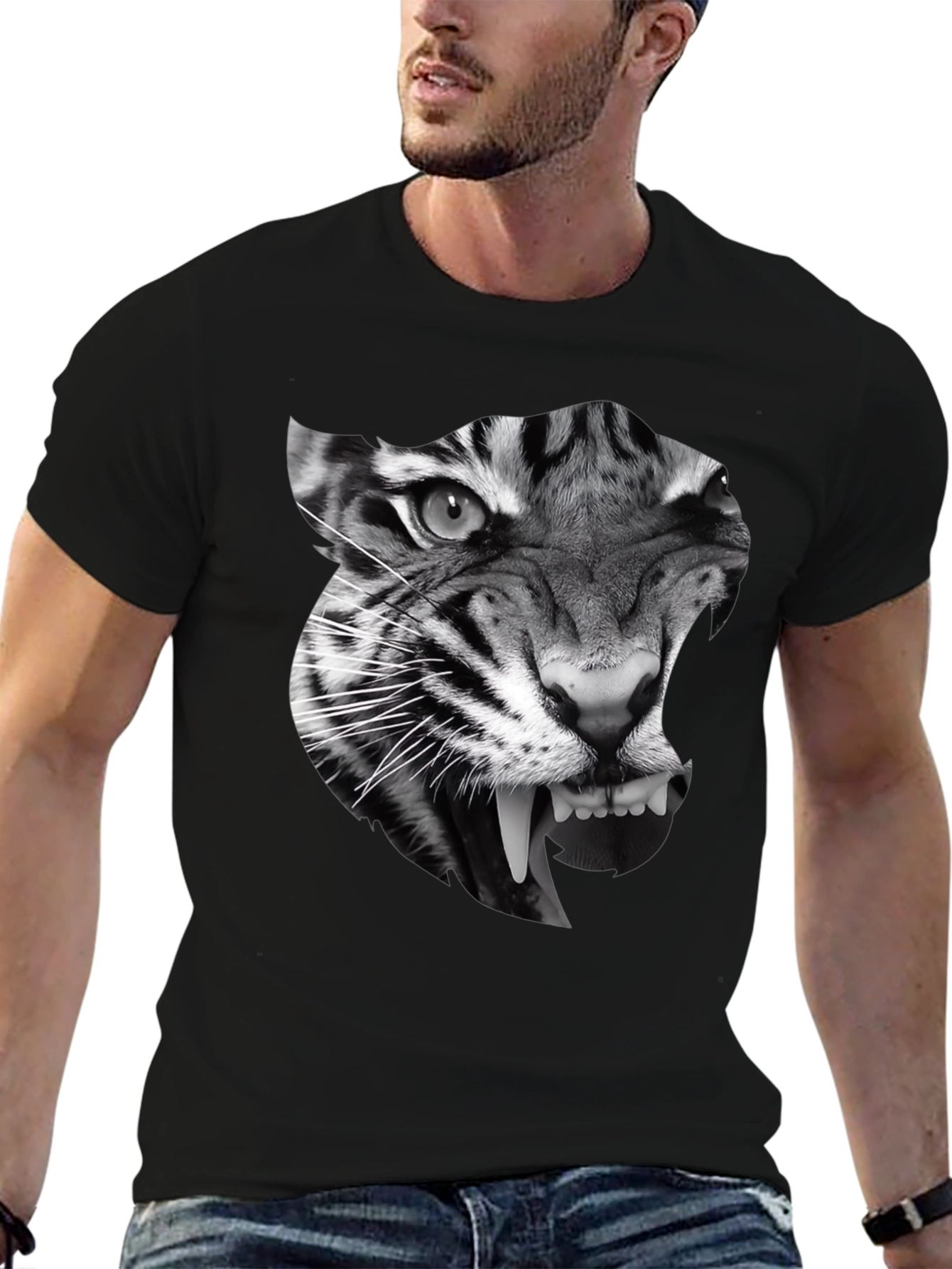 Black Men's Black T-Shirt with Tiger Graphic view 6