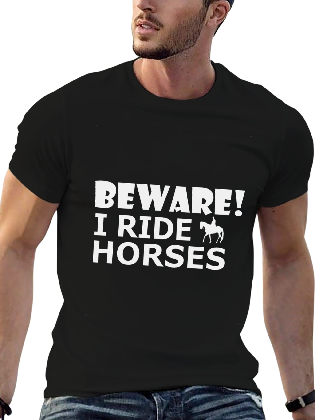Black Beware! I Ride Horses Graphic Tee view 6