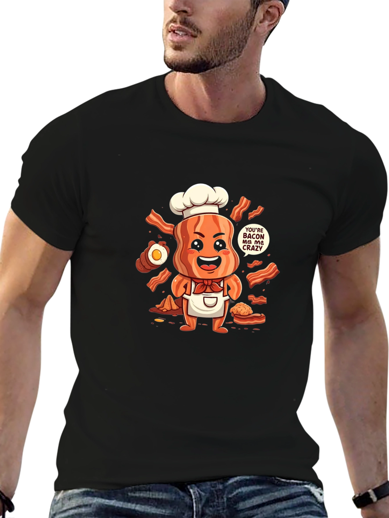 Black Funny Bacon Chef T-Shirt view 6