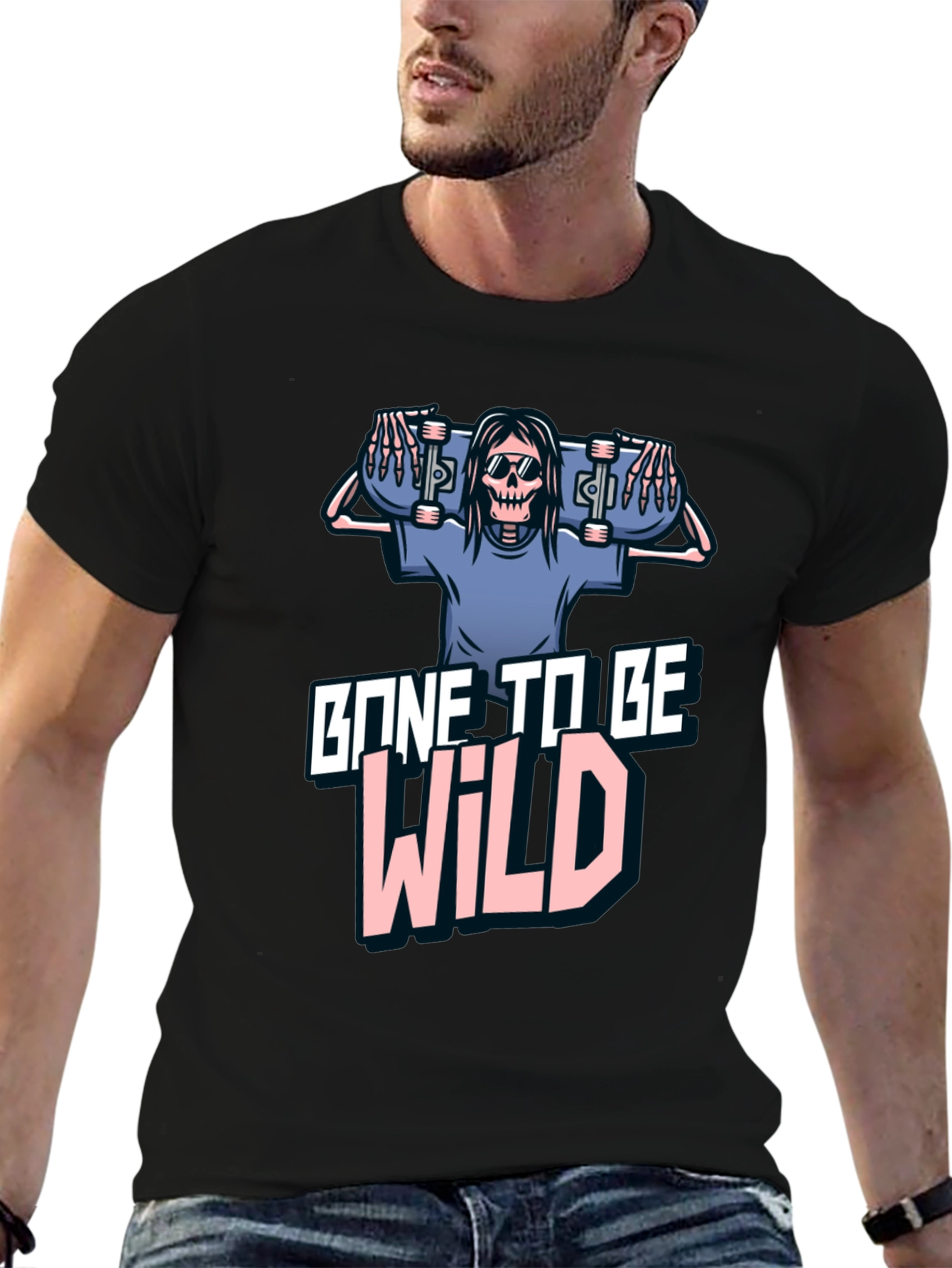 Black Gone To Be Wild Skeleton Skateboard Graphic Tee view 6