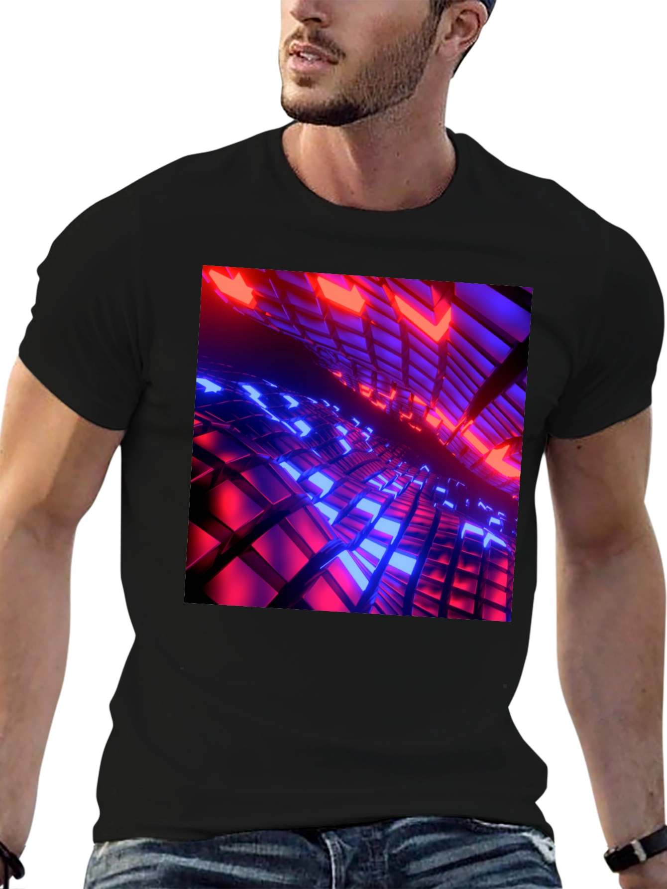 Black Cyber Grid T-Shirt: Red & Blue 3D Block Design view 6