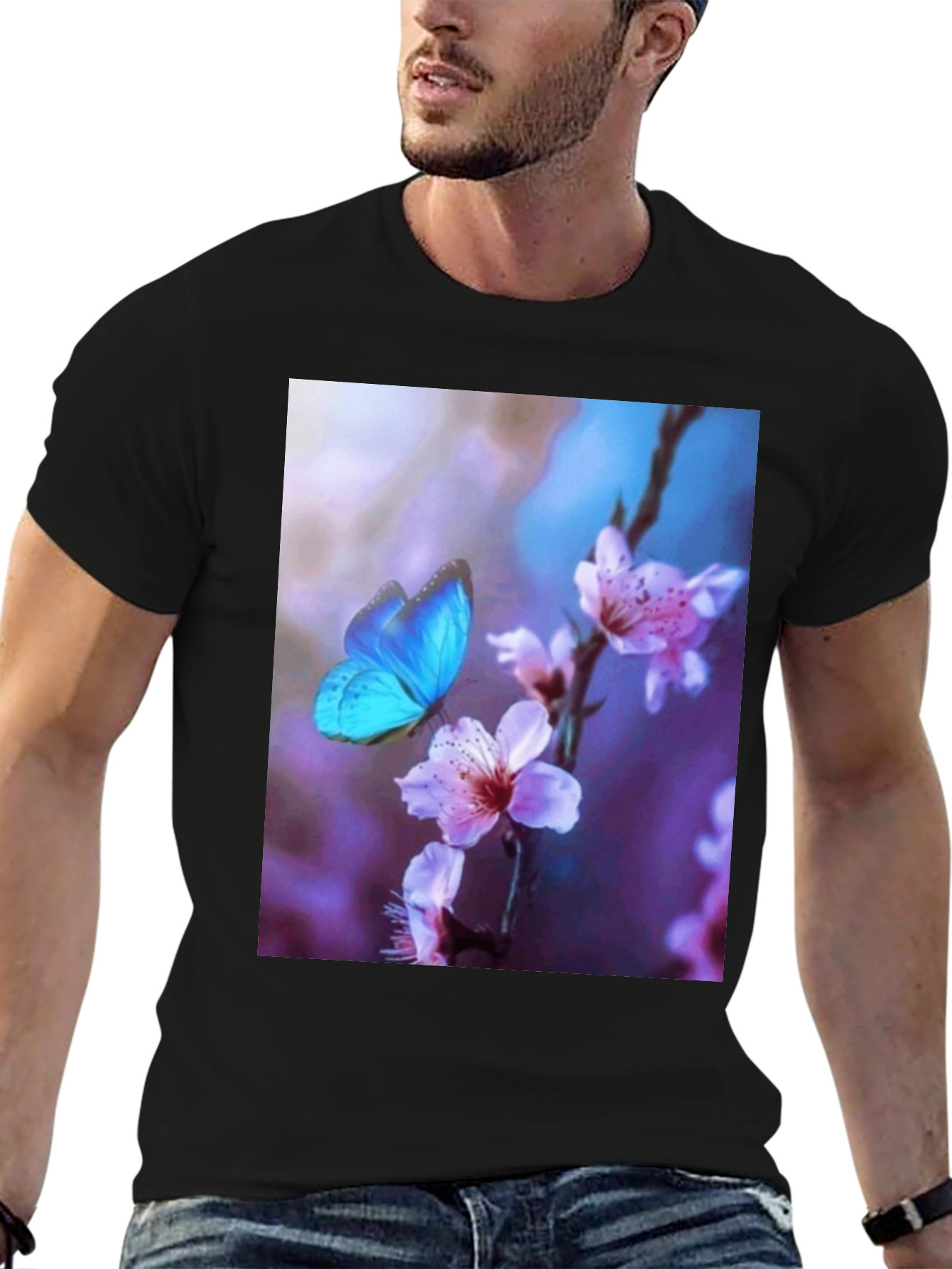 Black Butterfly Floral Print Black T-Shirt view 6