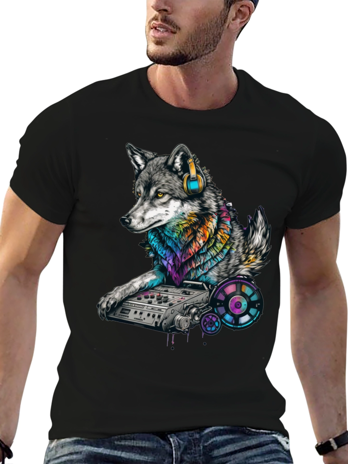 Black DJ Wolf Graphic T-Shirt - Cool Music Lover Tee view 6