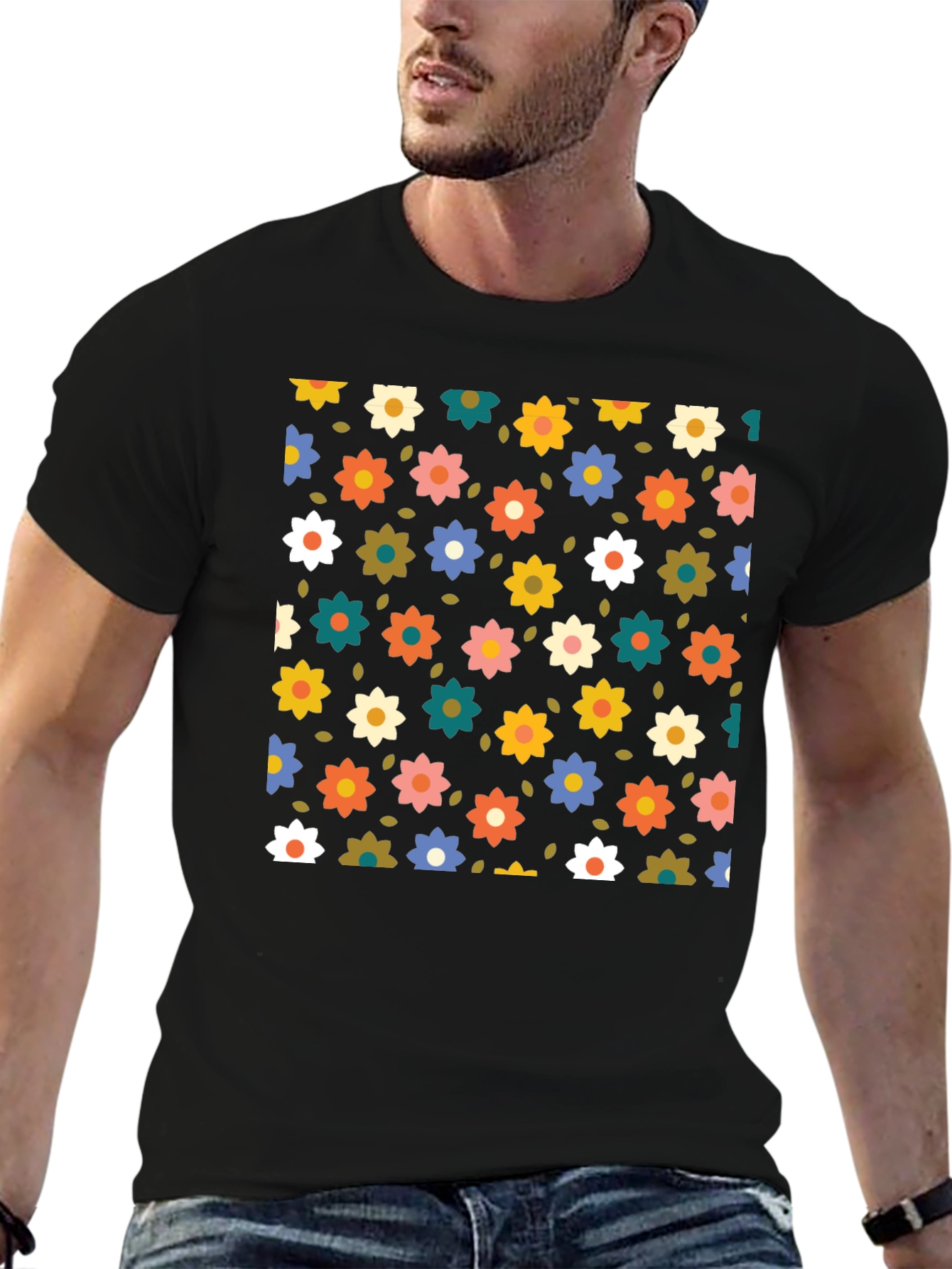 Black Floral Pattern Black T-Shirt view 6