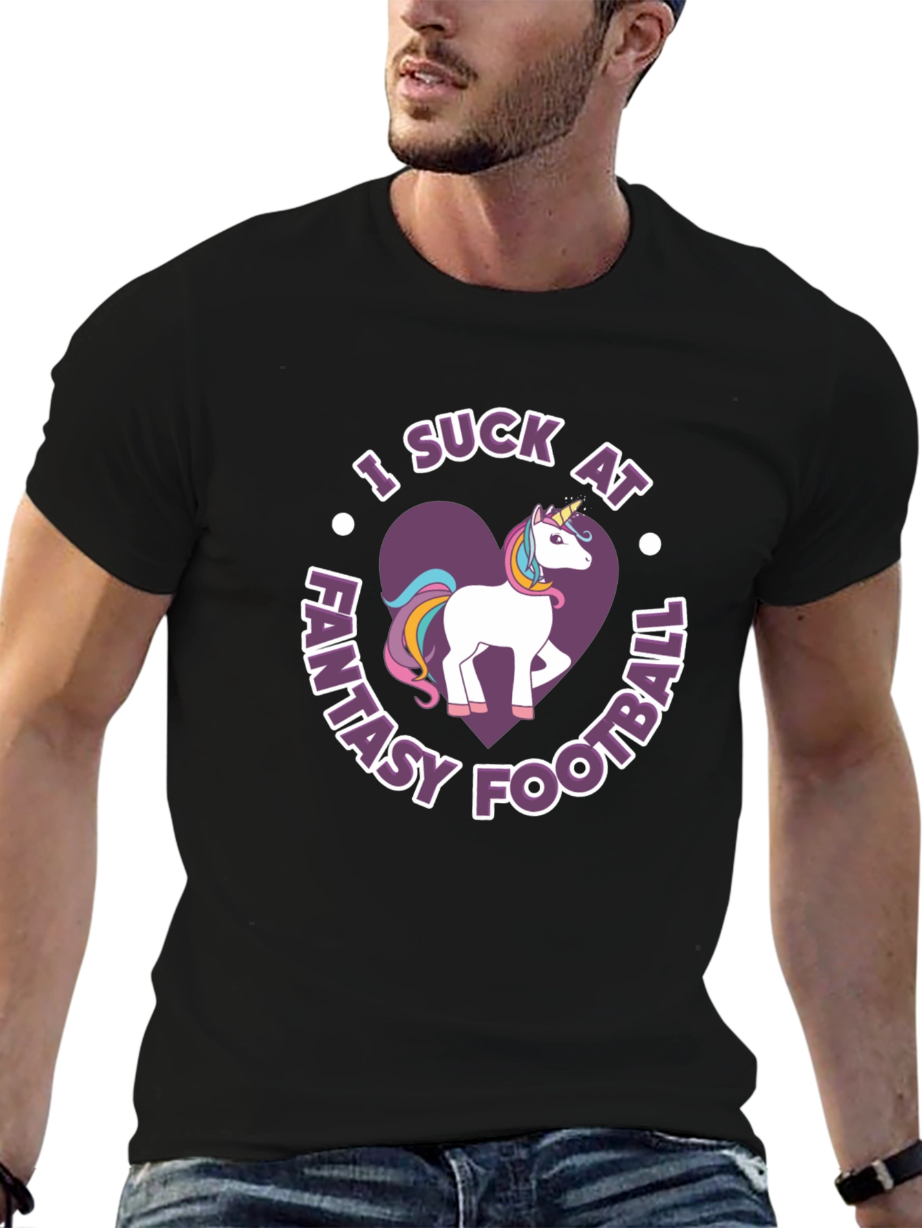Black Funny "I Suck at Fantasy Football" Unicorn T-Shirt view 6