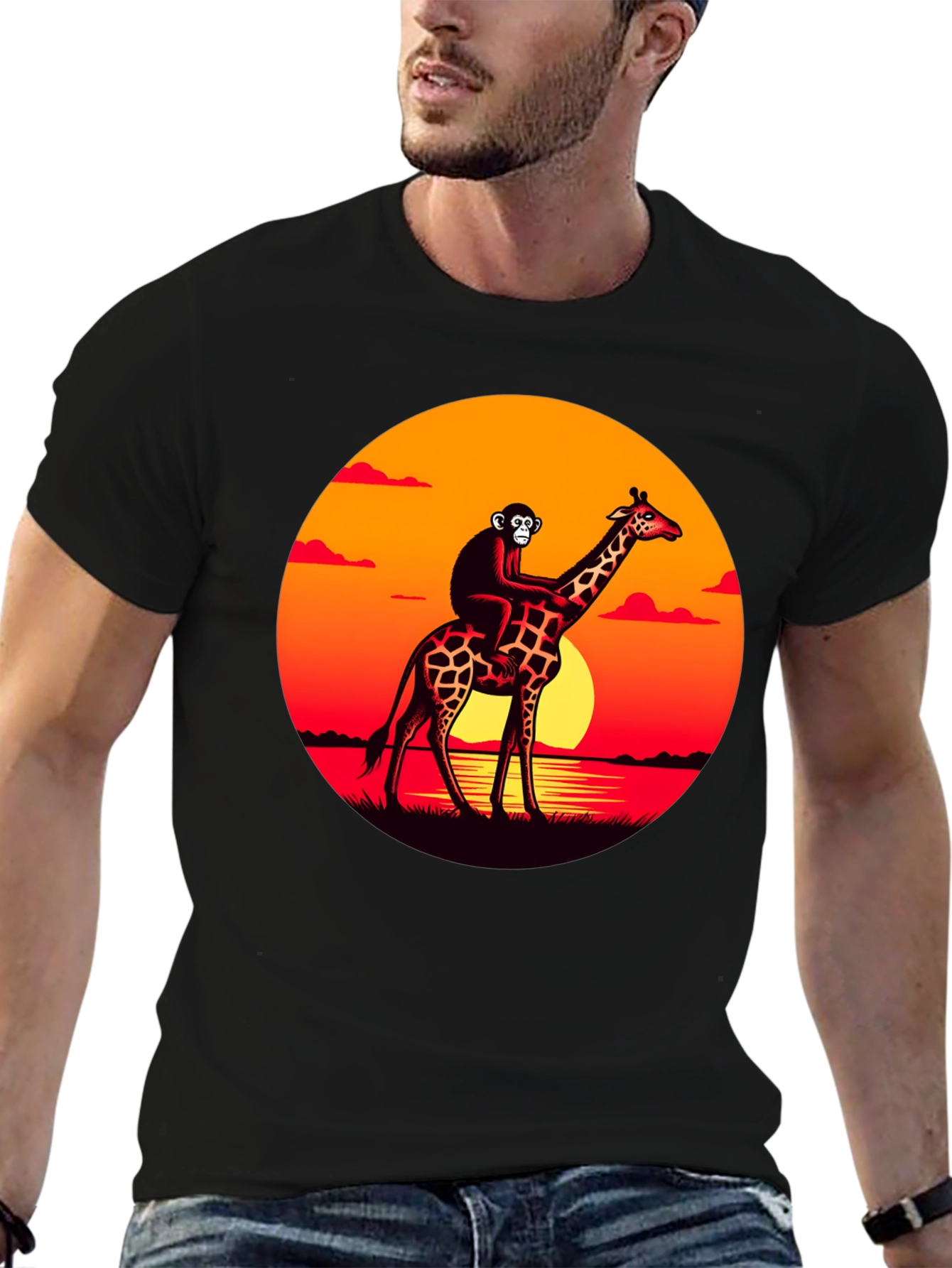 Black Monkey Riding Giraffe Sunset Graphic T-Shirt view 6