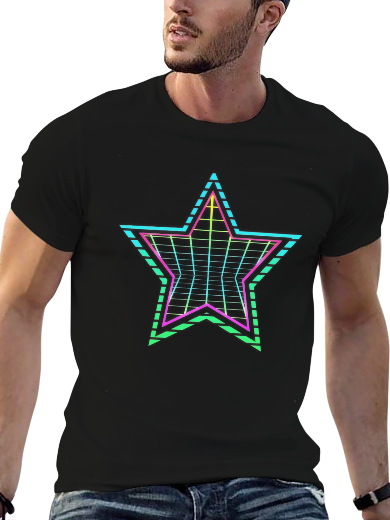 Black Retro Star Graphic Tee - Black Crew Neck T-Shirt view 6