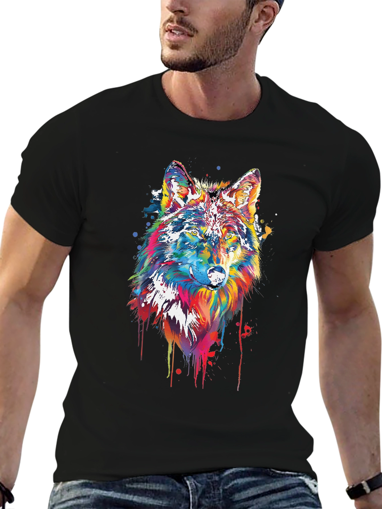 Black Colorful Wolf Graphic Tee - Black Cotton Blend view 6