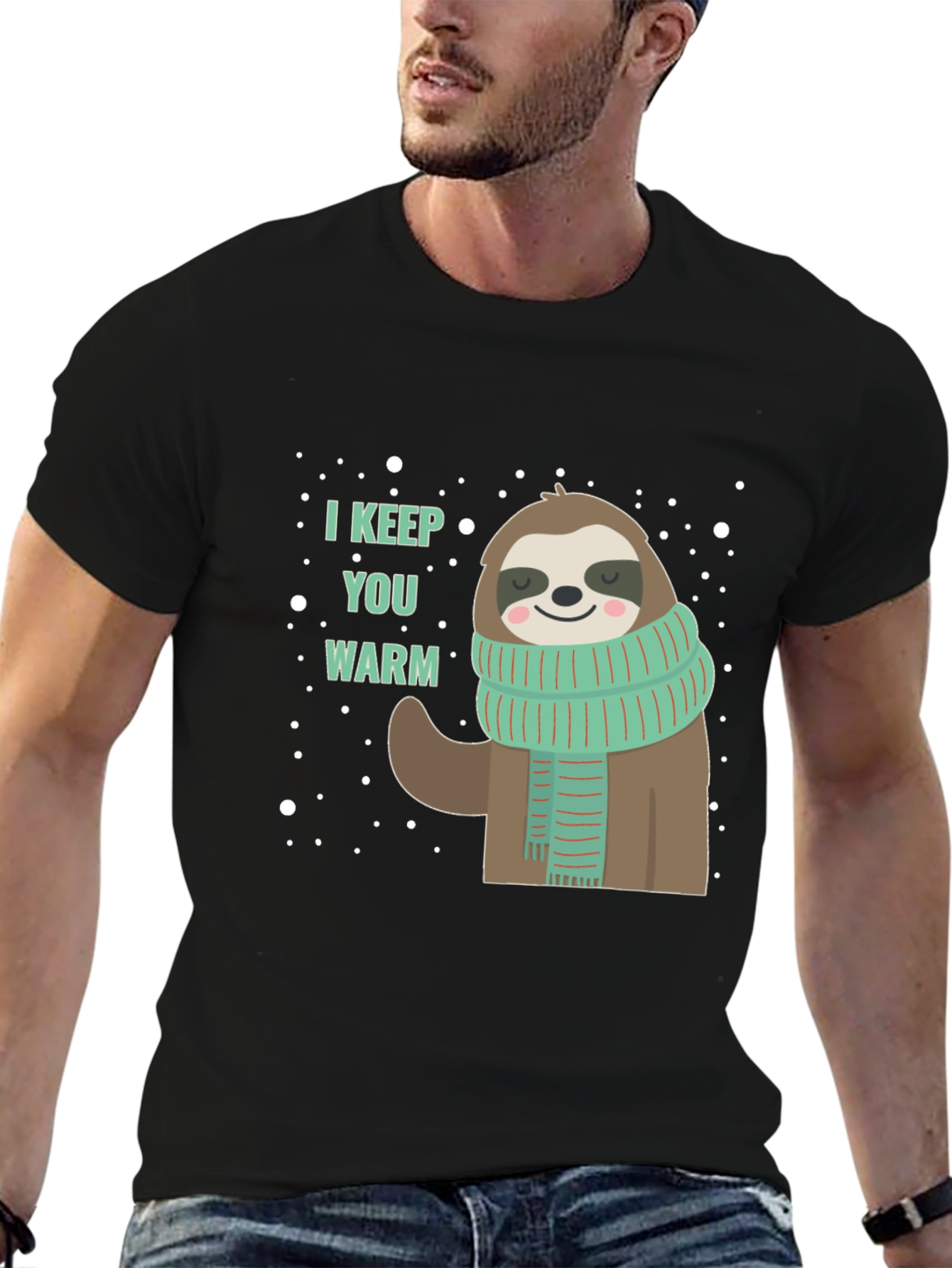 Black Cute Sloth Winter T-Shirt - I Keep You Warm view 6