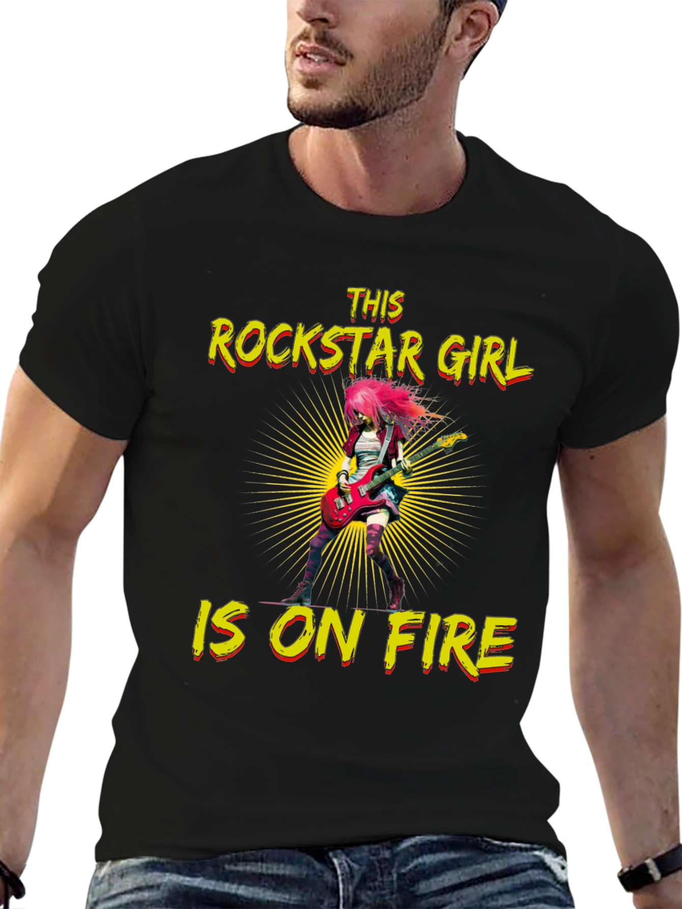 Black Rockstar Girl on Fire Black T-Shirt view 6