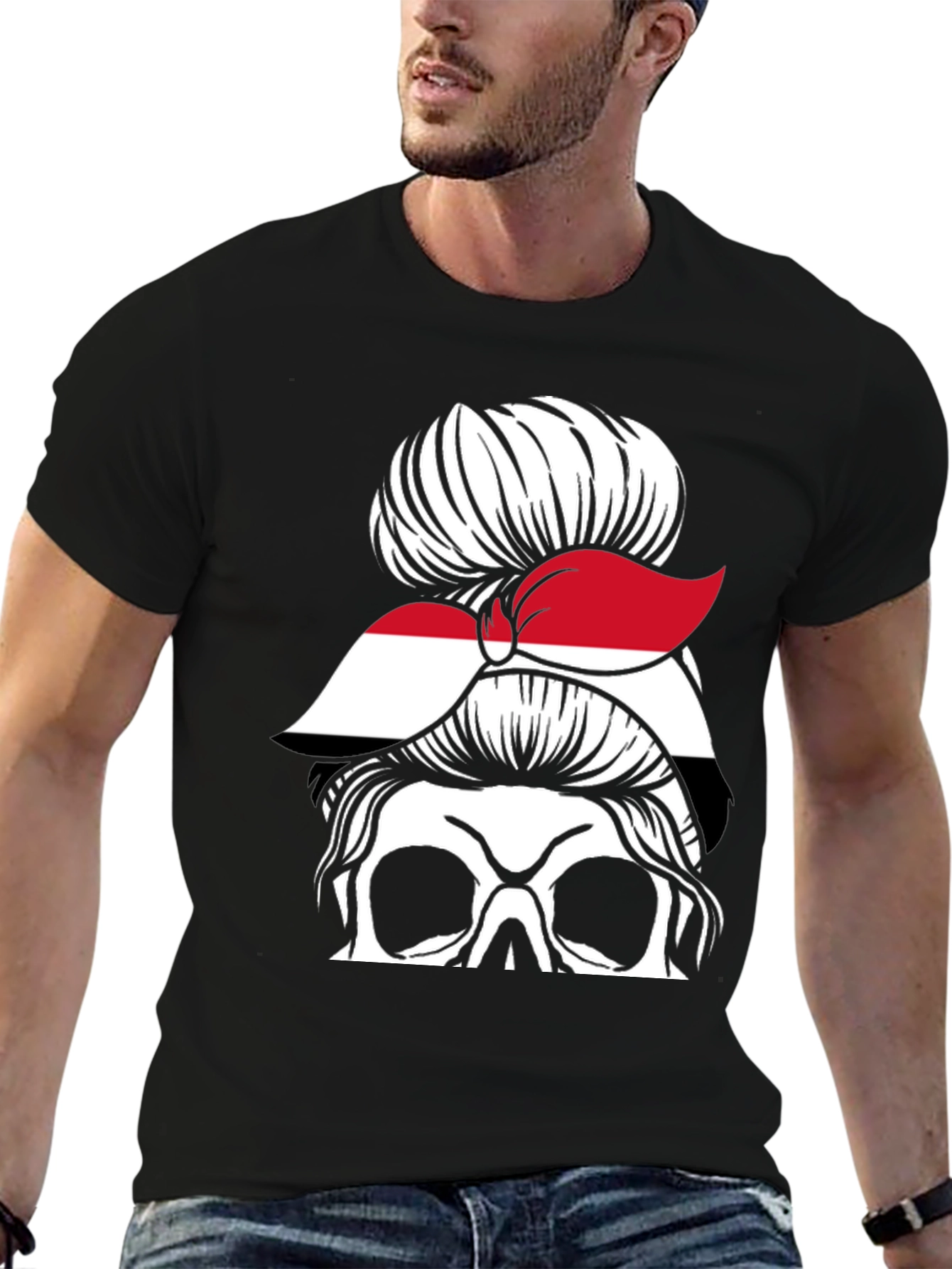 Messy Bun Yemen Flag Skull T-Shirt - 6
