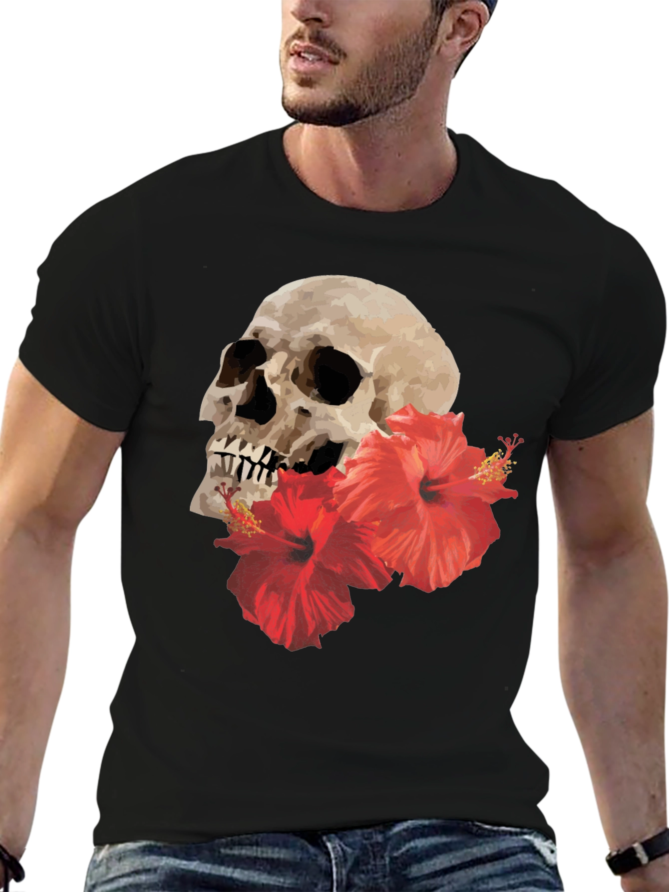 Black Skull & Hibiscus Graphic Tee - Bold Style view 6