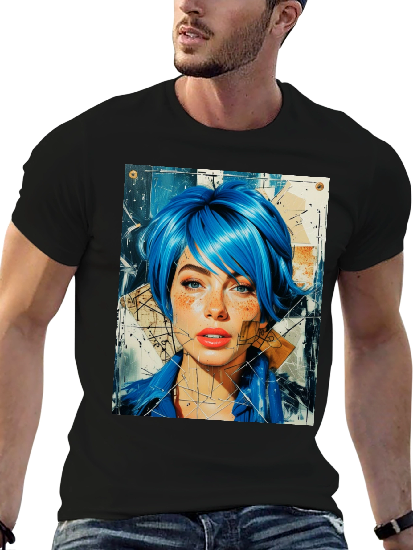 Abstract Blue Hair Woman Graphic Tee - 6