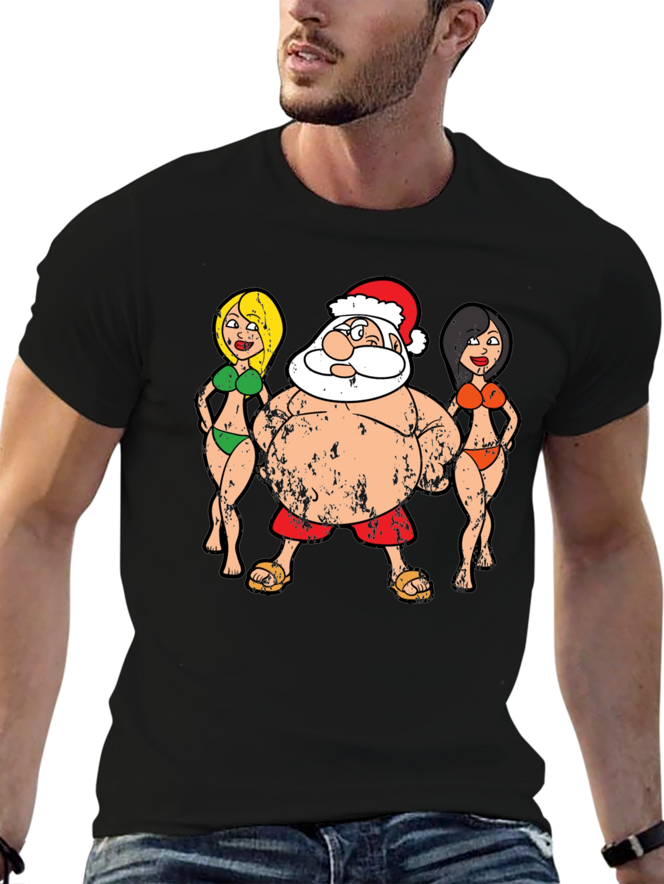 Black Funny Santa and Bikini Girls Graphic Tee view 6