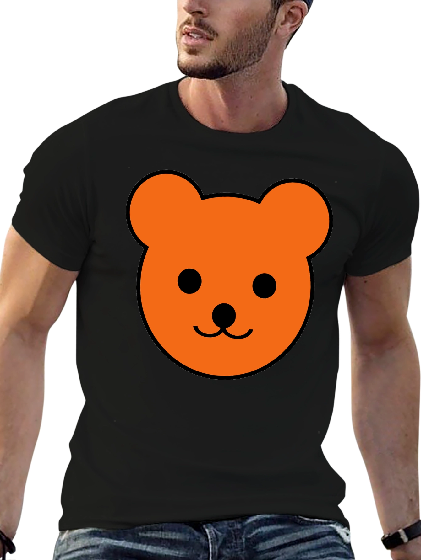 Black Men's Black T-Shirt with Orange Bear Graphic view 6