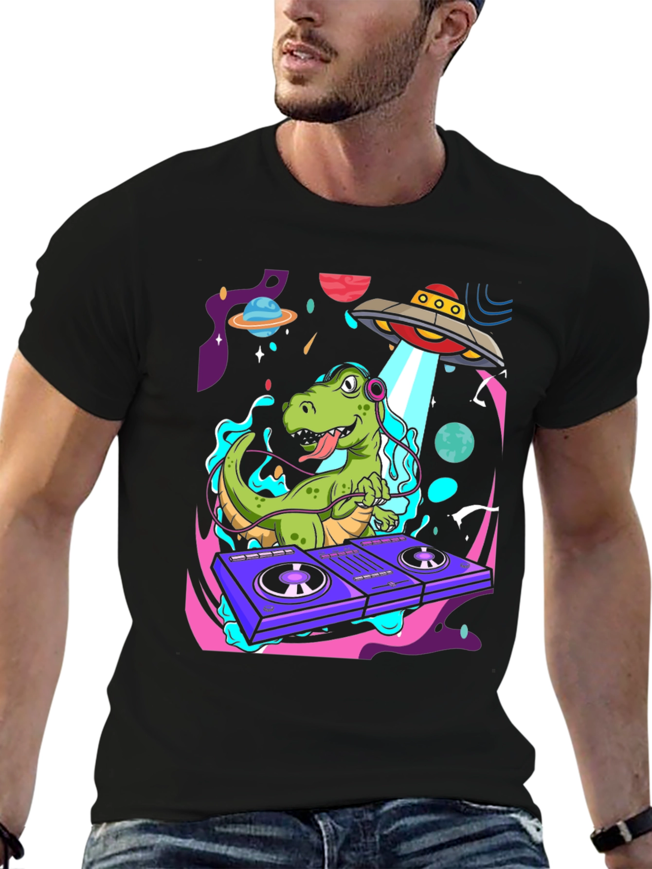 Black Dino DJ Graphic Tee - Out of this World Style view 6