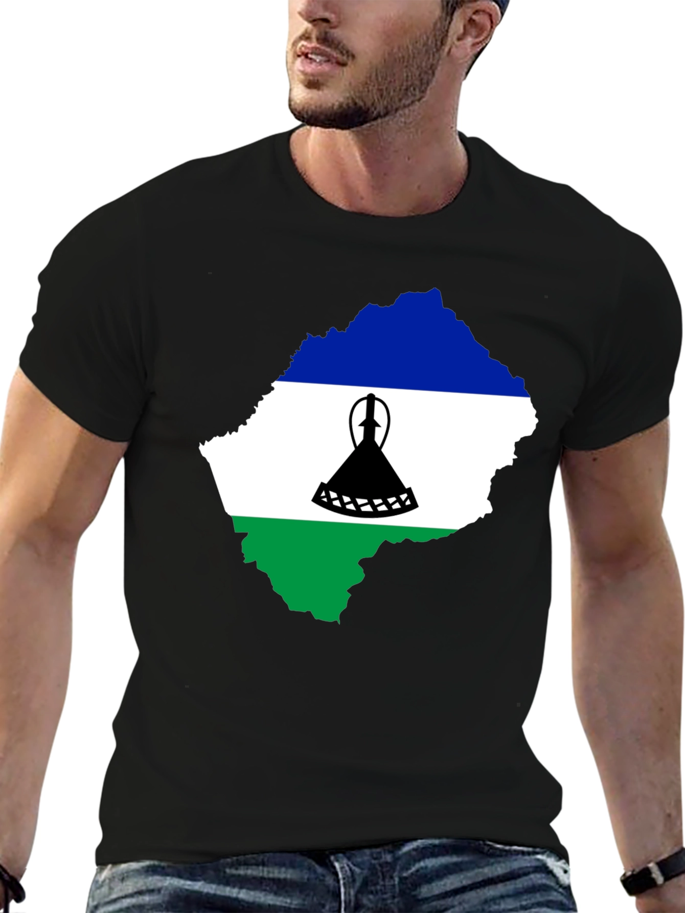Lesotho Flag Map T-Shirt - Black - 6