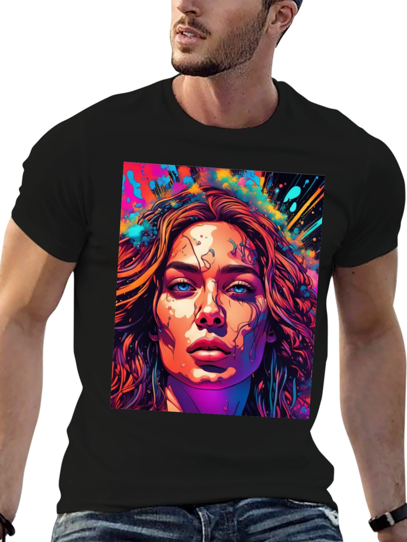 Black Artistic Women's Face Graphic T-Shirt view 6