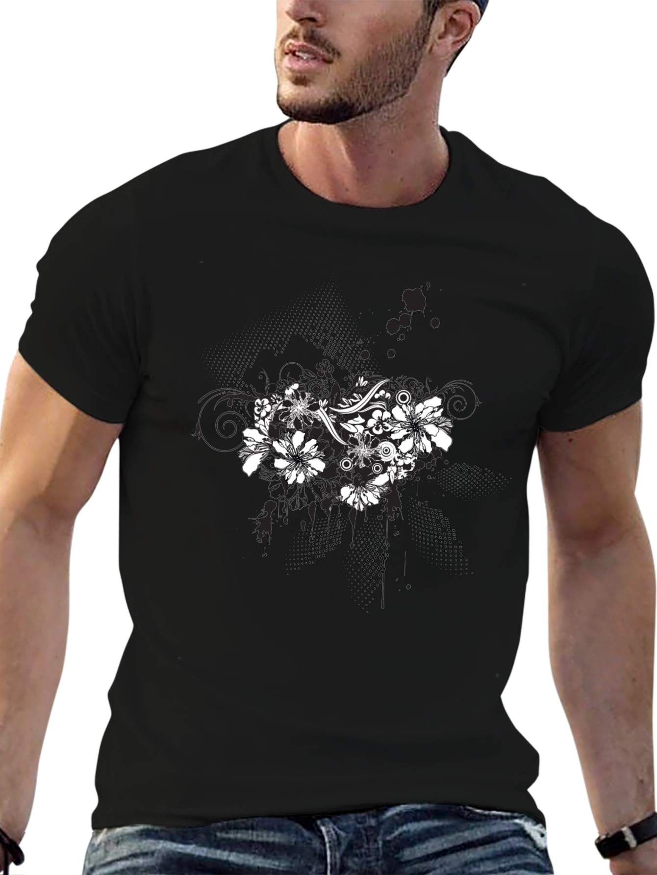 Black Floral Graphic Black T-Shirt for Men view 6