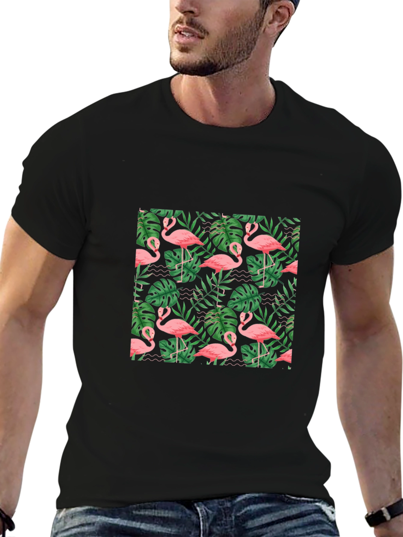 Black Tropical Flamingo Print Black T-Shirt view 6