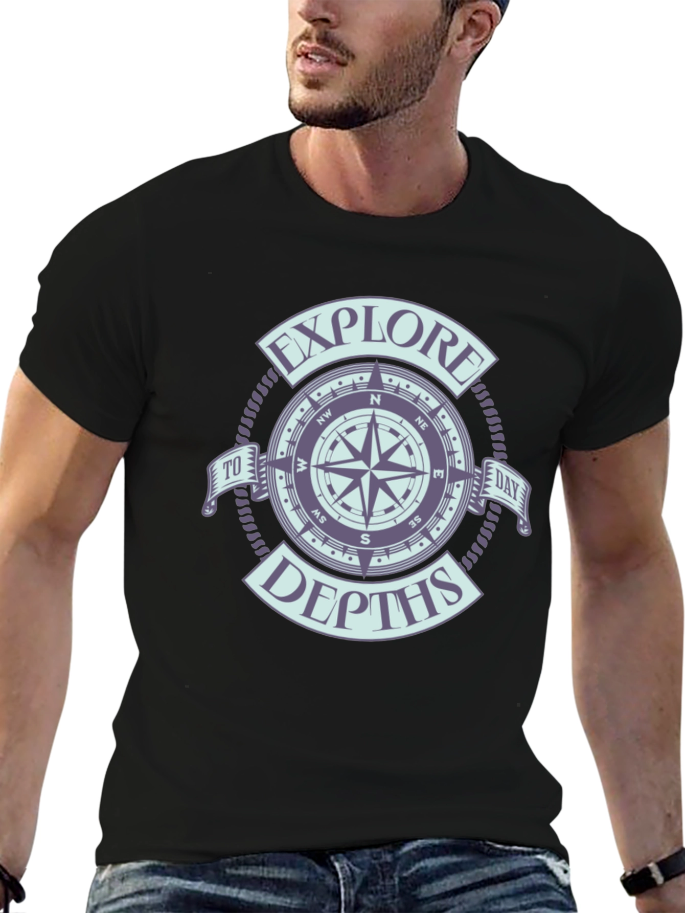 Black Explore Depths Compass Graphic Black T-Shirt view 6