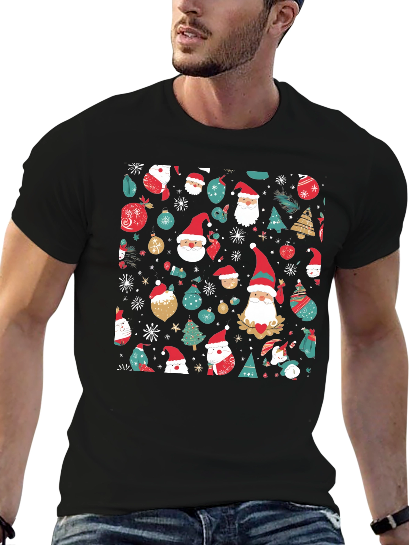Black Festive Christmas Pattern T-Shirt view 6