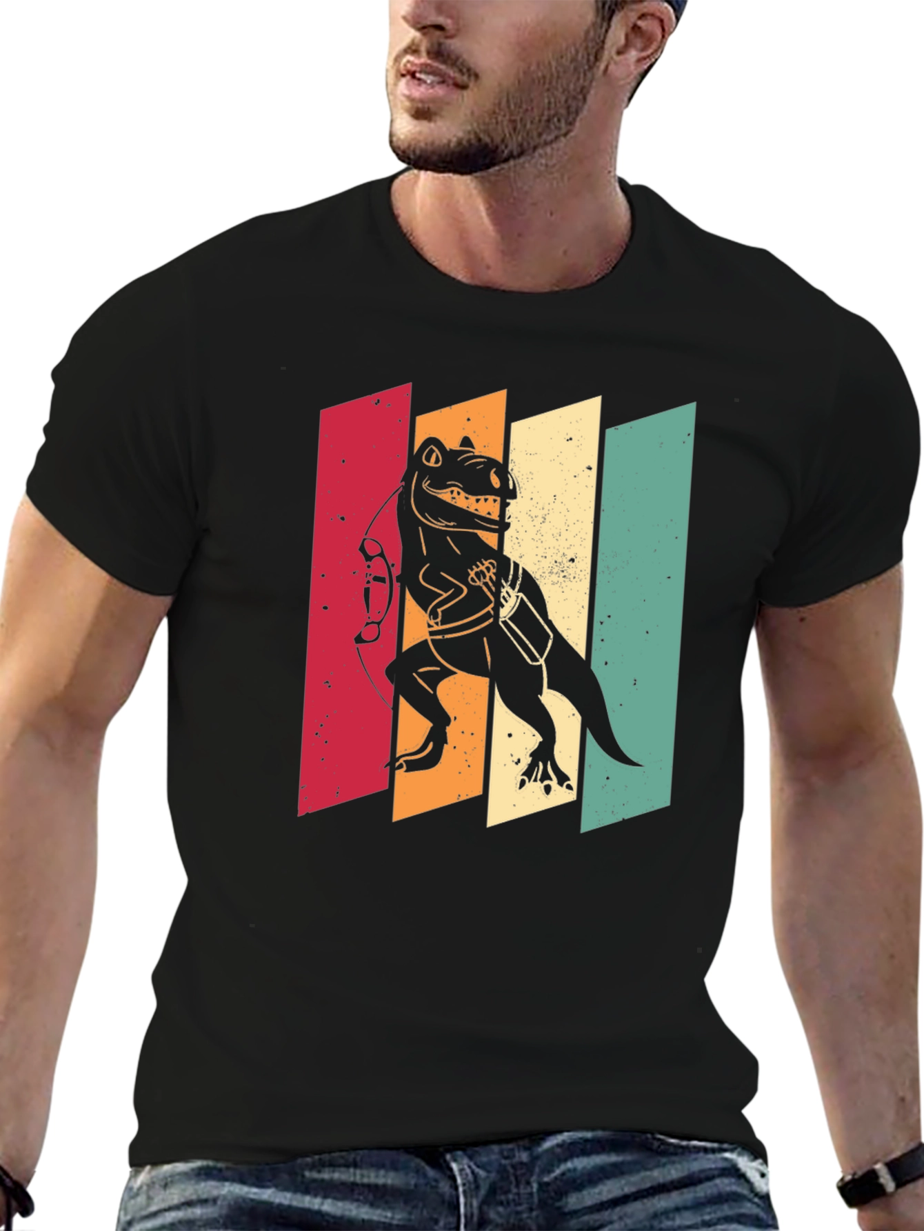 Black Retro Dinosaur Archer T-Shirt - Vintage Style view 6