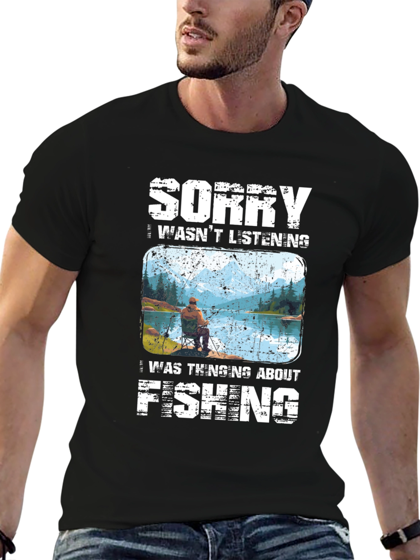 Black Sorry I Wasn't Listening Fishing T-Shirt view 6