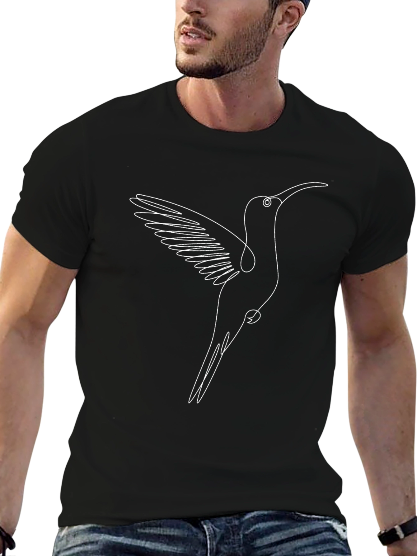 Black Hummingbird Line Art Graphic Tee - Stylish Casual Wear view 6