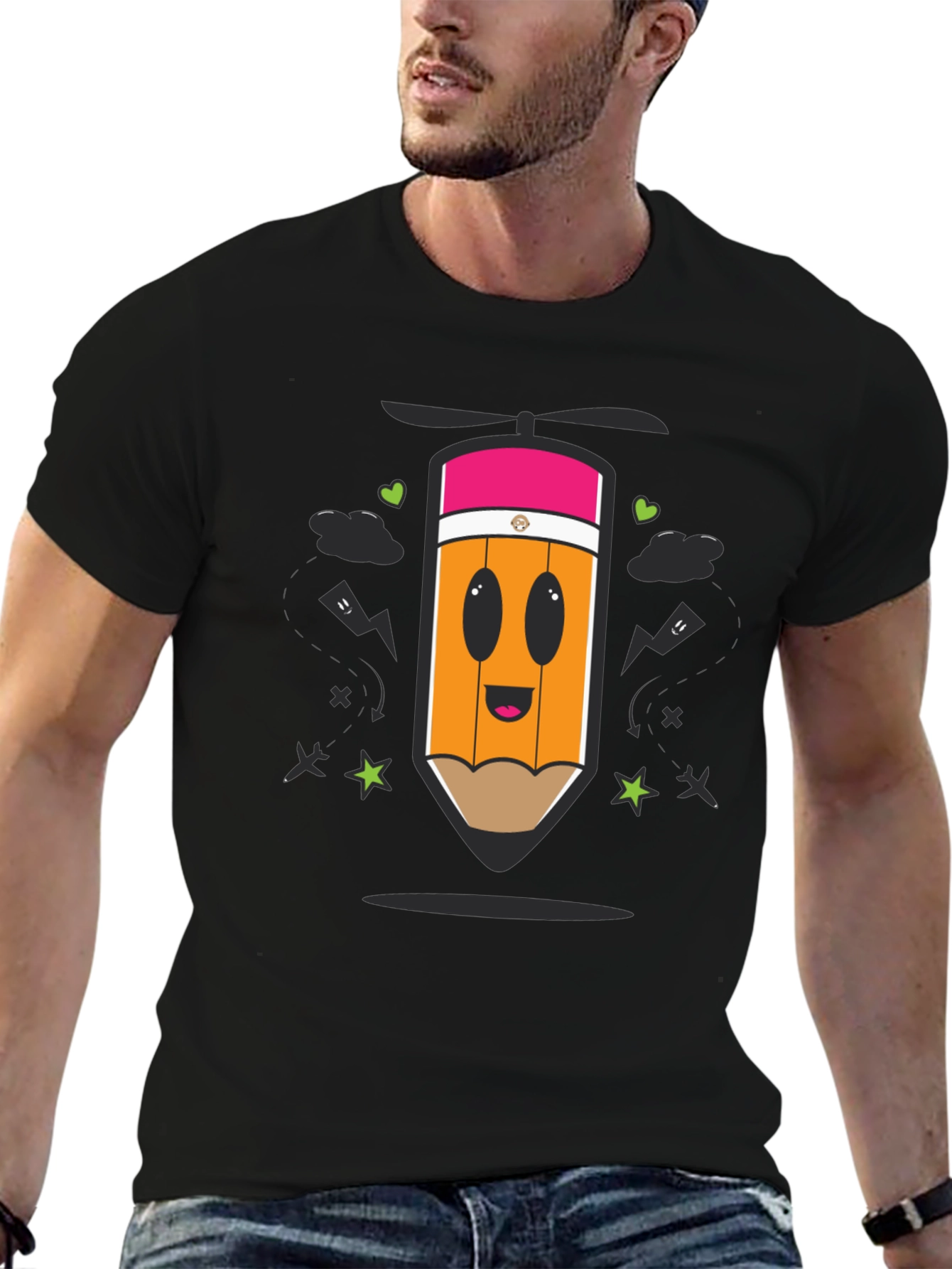 Black Cartoon Pencil Helicopter Graphic T-Shirt view 6