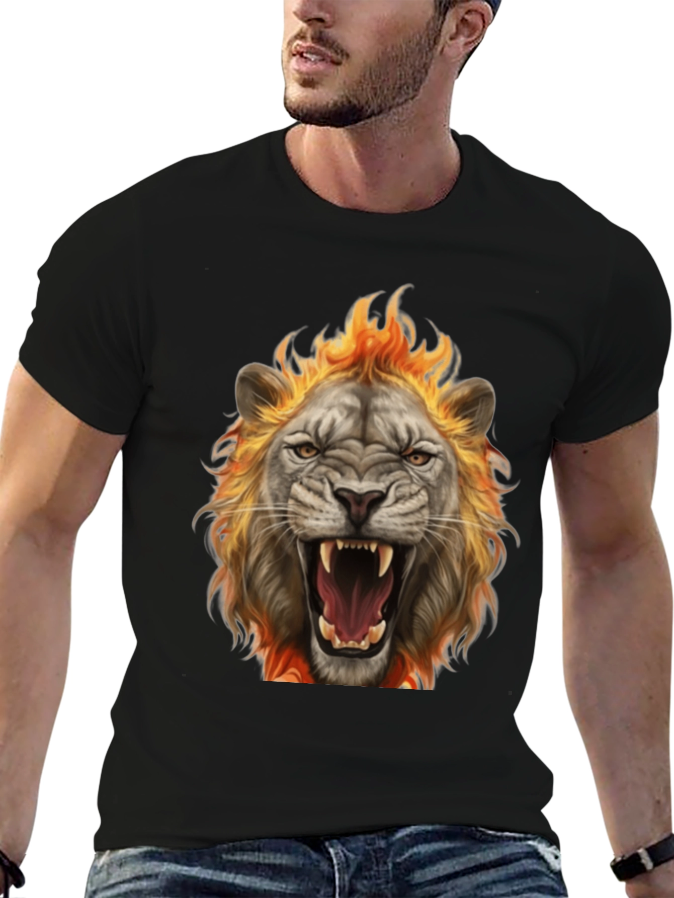 Black Fiery Lion Graphic Tee - Bold Animal Print T-Shirt view 6