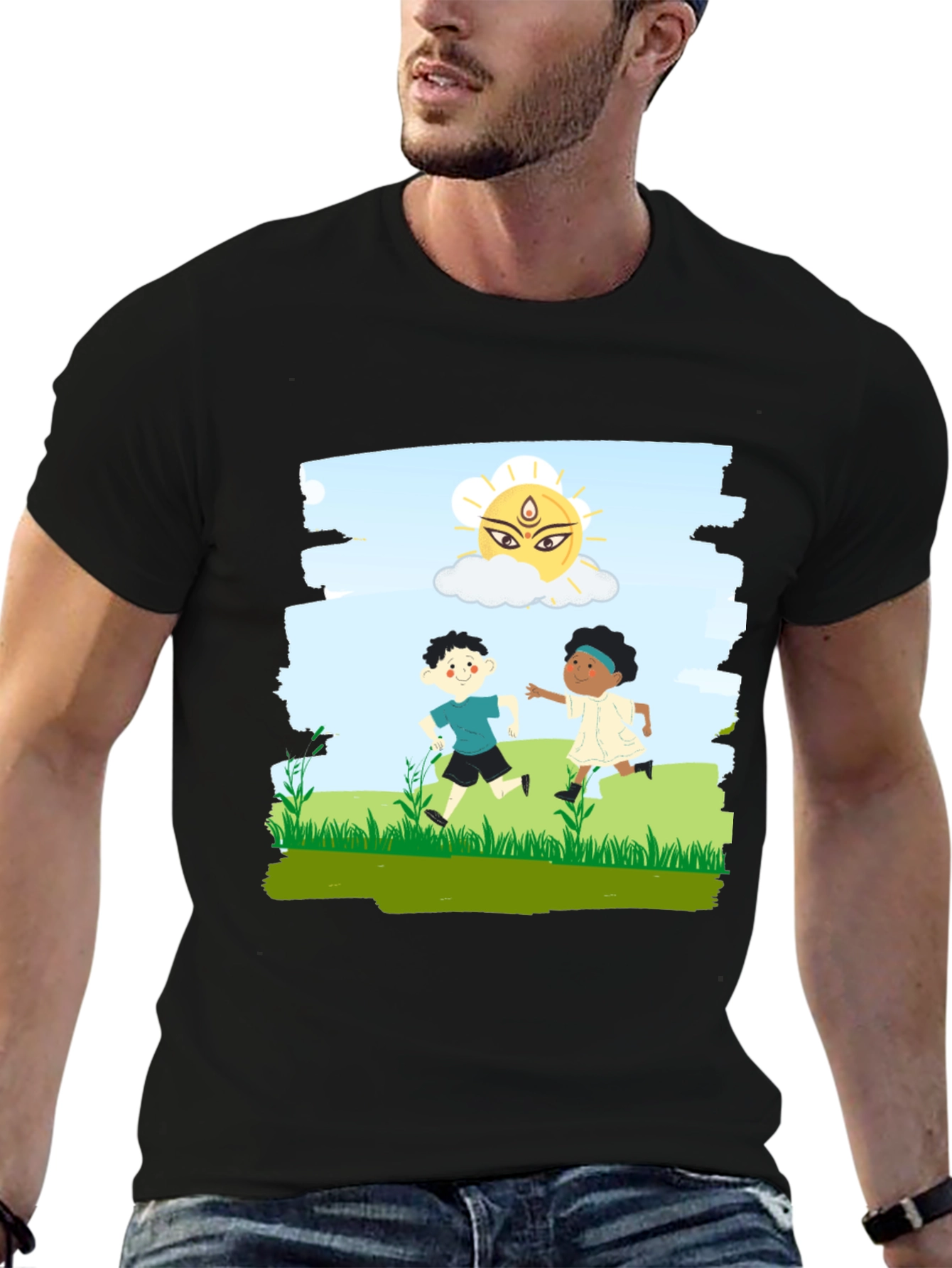 Black Kids Playing Graphic T-Shirt - Black Cotton Blend view 6