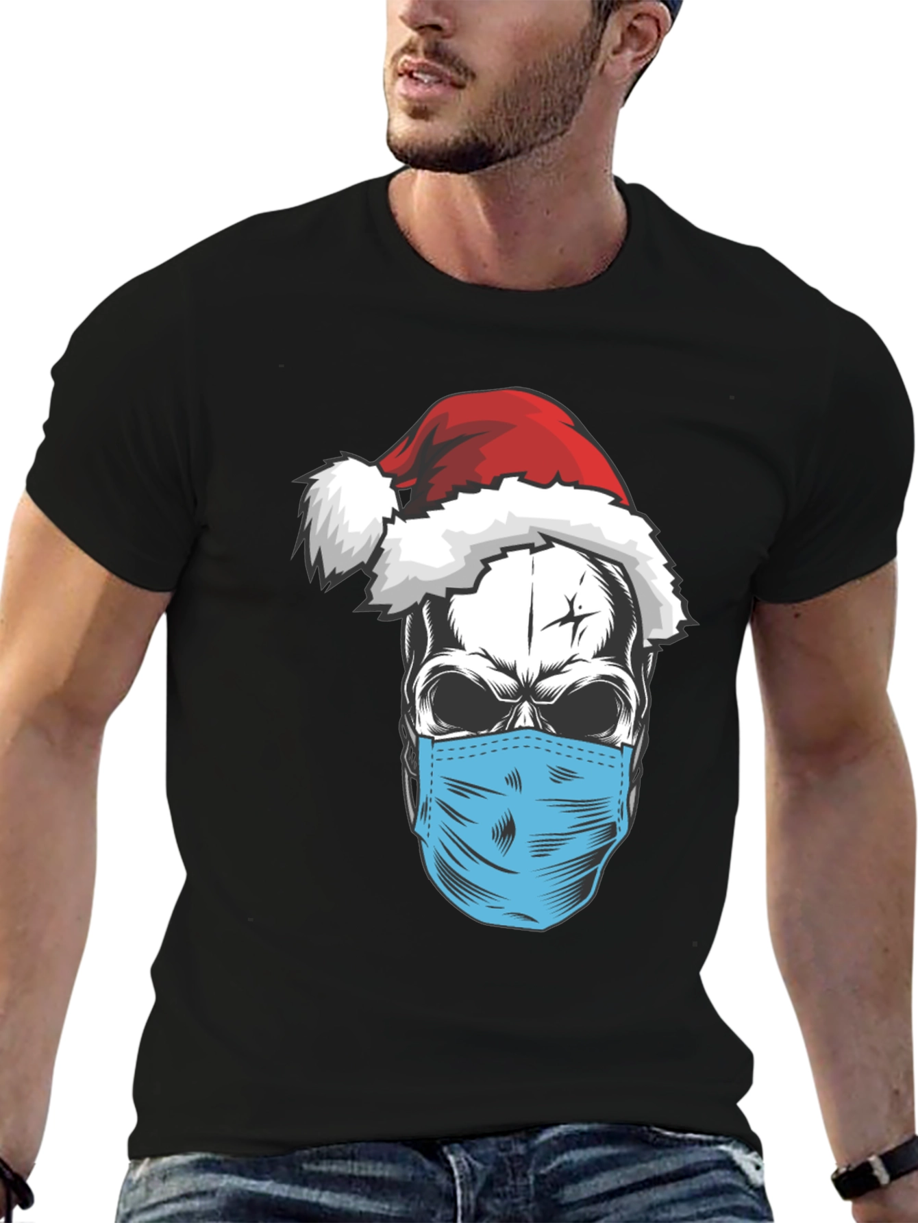 Black Skull Santa Mask T-Shirt - Holiday Humor view 6