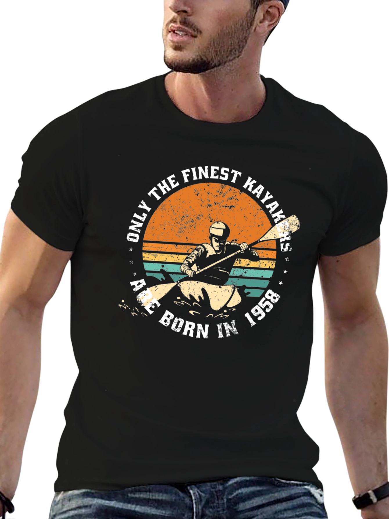 Black Finest Kayakers Born in 1958 Retro T-Shirt view 6