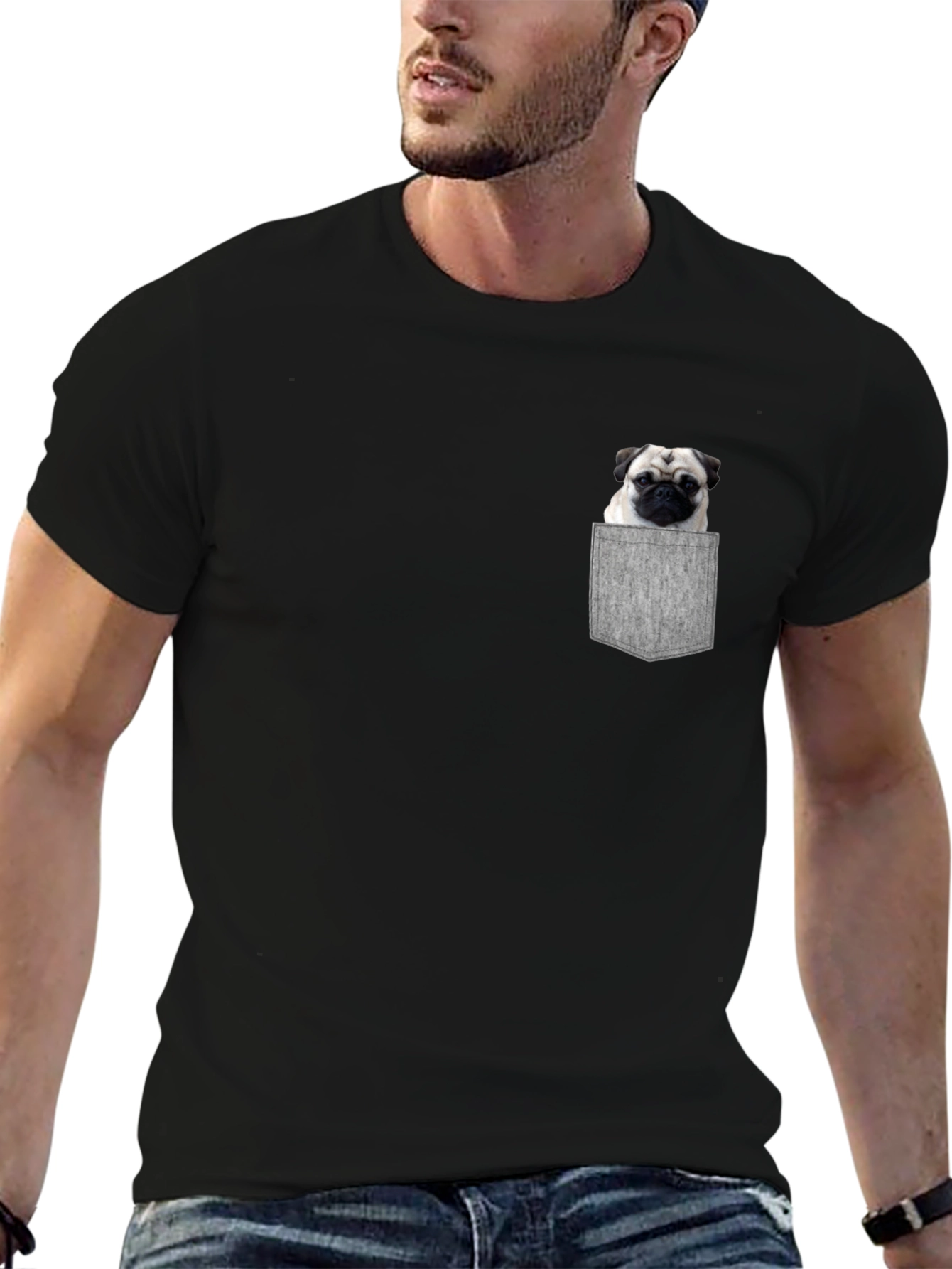 Black Pug in Pocket Black T-Shirt view 6