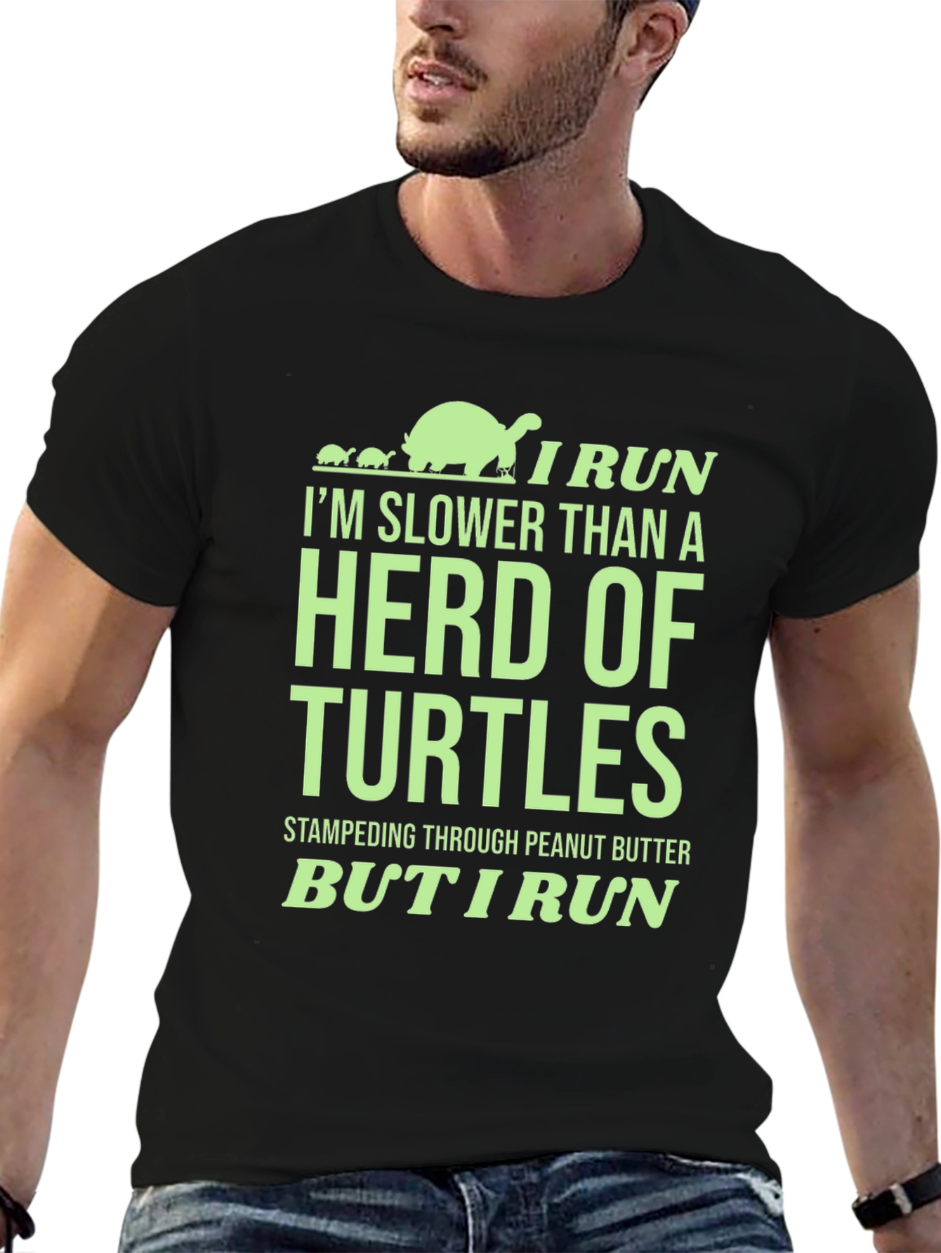 Black Funny Turtle Run T-Shirt: Herd of Turtles - I Run view 6