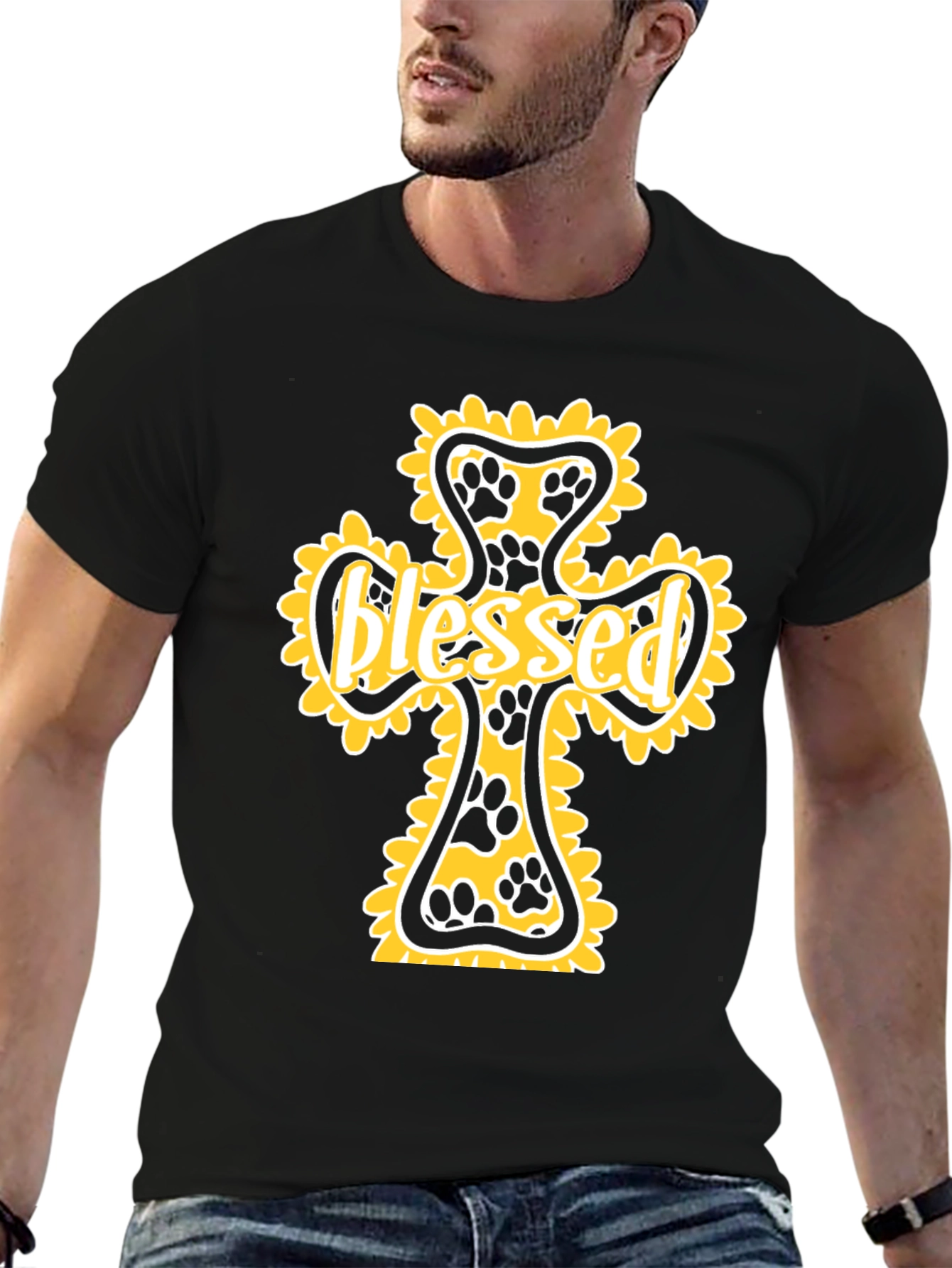 Black Blessed Paw Print Cross Graphic Tee view 6
