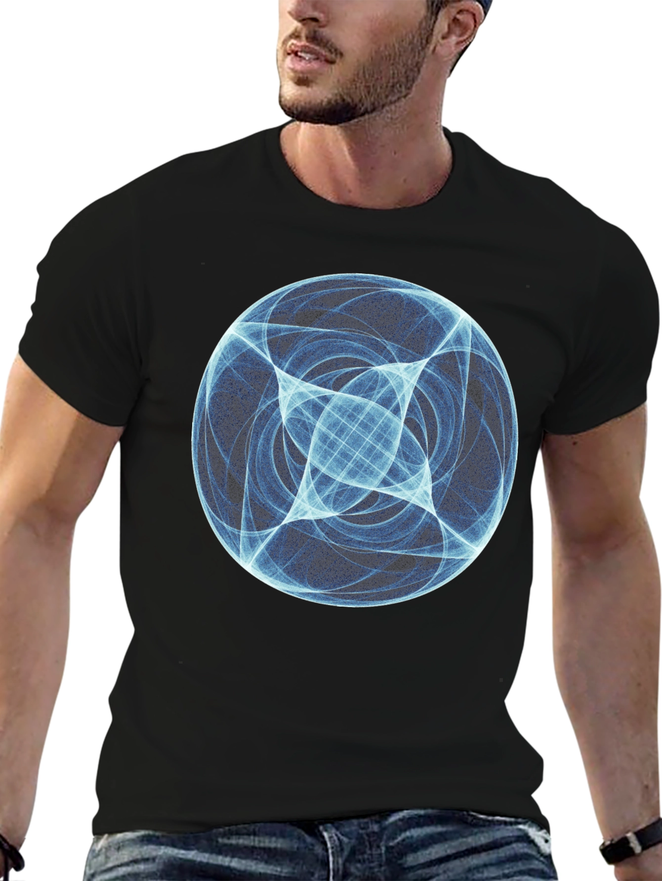 Black Abstract Blue Orb Graphic Black T-Shirt view 6